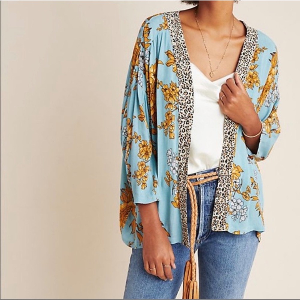 Andersen & Lauth Floral Kimono Cardigan Teal Leopard Trim Viscose One Size ALL